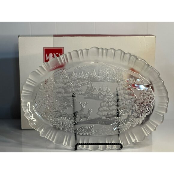 VTG Mikasa Winter Dreams Clear Glass Tray Farm Scene Snow Trees Deer House Holly